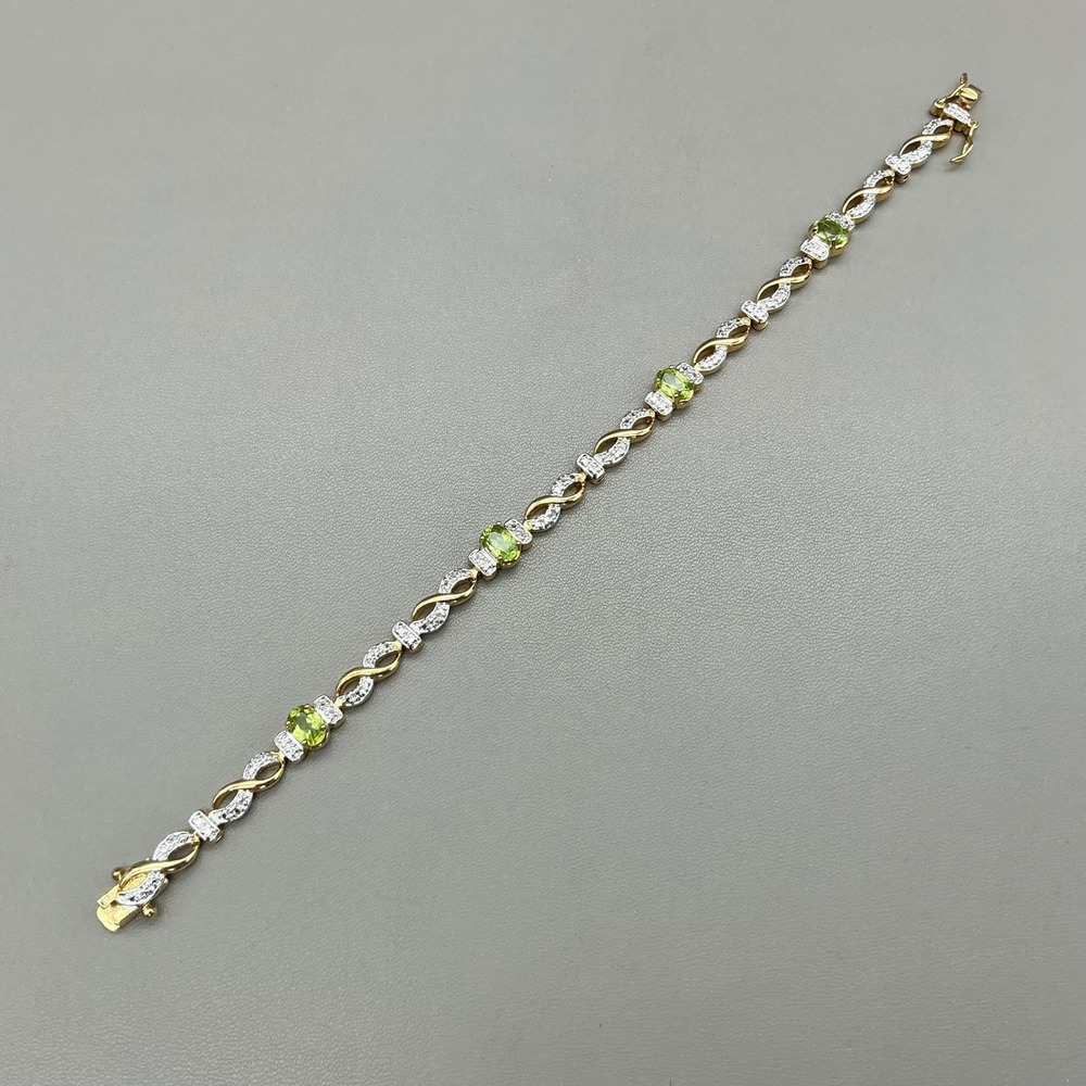 PAJ BB Bracelet Peridot Green Stone Clear Accent Two Tone Infinity Link 7.5"